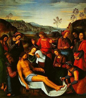 Peinture à l'huile Perugino art sacré émotion religieuse toile 30 x 36 pouces
