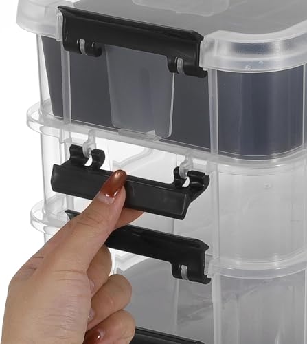 Image of plastic boxes for Storage transparent boxes for storage, Portable & Stackable Space Saving Organiser with Lid for Medicine, Jewelry, Arts & Crafts, Buttons, Beads (Black, 4 TIER WITH 1 TRAY)