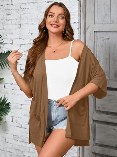 AusLook Plus Size Dark Coffee Cardigan for Women 4X Short Sleeve Lightweight Open Front Shrug with Pockets for Dresses and Layering — view 4