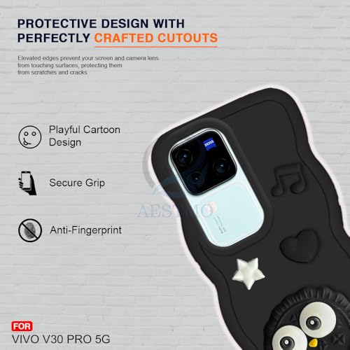 Image of AESTMO Back Case Cover for Vivo V30 / V30 Pro 5G | 3D Cute Fun Cartoon Characters | Anti Slip Grip Cute Wave Curly Frame Shape | Full Body Protection Back Cover for Vivo V30 / V30 Pro 5G (Black)
