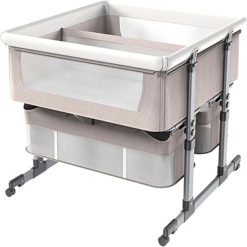 MisetGao Cama de bebé gemelos, cuna junto a la cuna, cuna con cesta de almacenamiento, cuna portátil, 6 alturas ajustables, antiemesis con funda de tela desmontable (caqui)