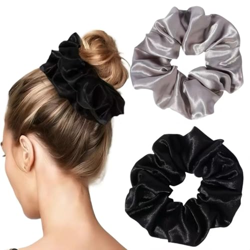 2PCS Extra Large Satin Scrunchies for Women Thick Hair - No Damage Hair Ties 6.3Inches Big Scrunchy Oversized Thick Elastic Hair Bands Ponytail Holders Jumbo Scrunchies (Black Silvergray)