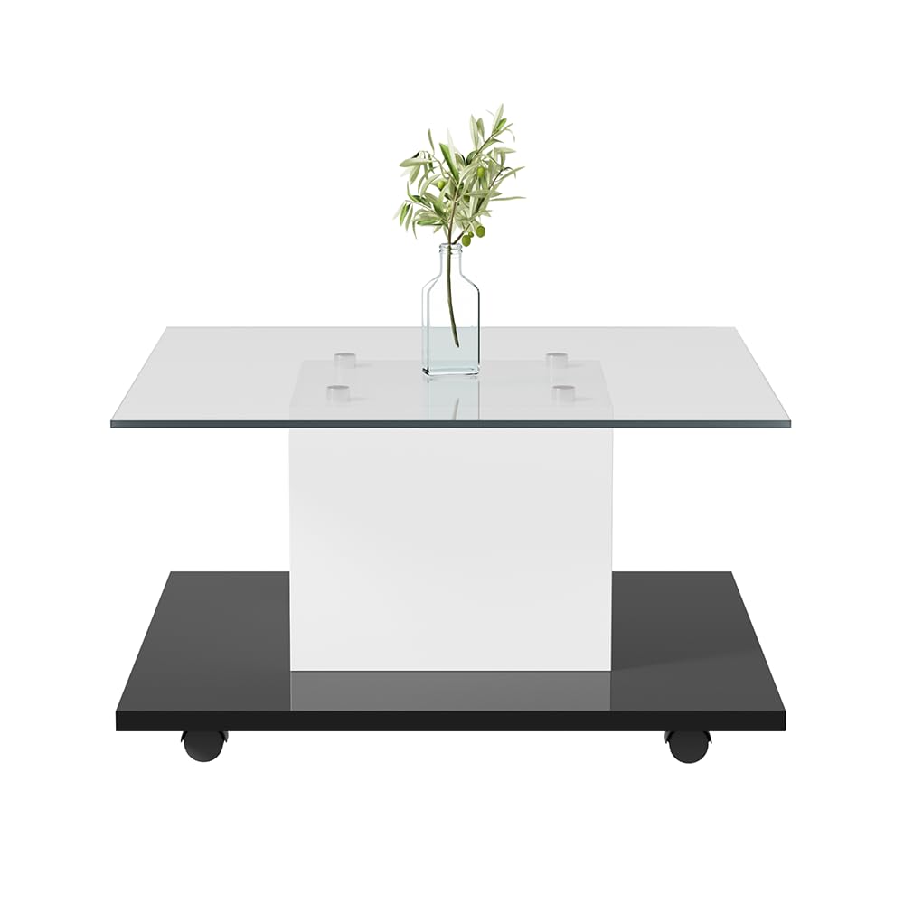 Table basse en verre brillant mobile avec roulettes pour salon moderne