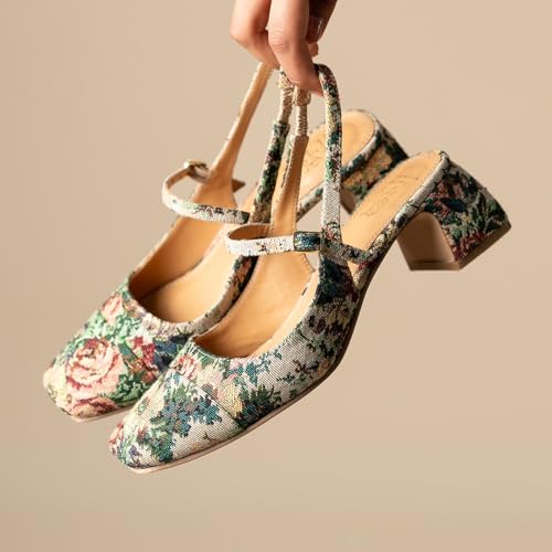 Image of Theater Women Floral Tapestry Mary Jane Heels | Square Toe Slingback Sandals with Adjustable Strap | Stylish & Comfortable for Party, Office & Casual Wear
