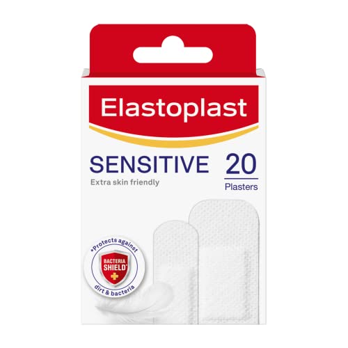 Elastoplast Sensitive Hypoallergenic Plasters (20 Pieces), for Painless Removal, Soft and Breathable Fabric Plasters, Protects and Cushions The Wound, White