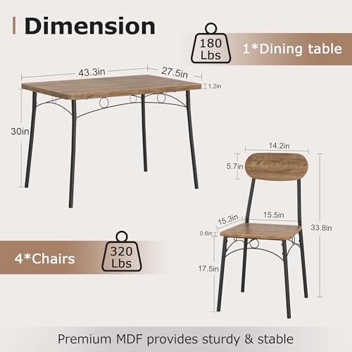 VECELO Kitchen Table Chairs Set for 4, 5 Piece Wood Dining Room Table with 4 Chairs, Perfect for Small Spaces, Compact Kitchen, Breakfast Nook, Brown