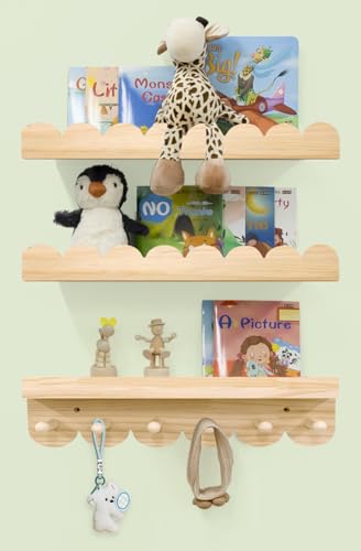 Image of icnjdMopclean Nursery Shelves for Wall with Hooks-Scalloped Wall Book Shelves for Bedroom Kids Set of 3, Nursery Furniture Must Have, 16 Inch, Natural