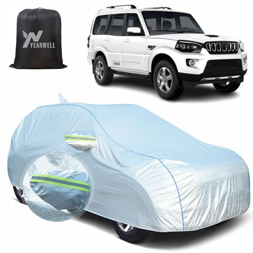 Image of Car Body Cover for Mahindra Scorpio N, 100% Waterproof, Heat-Resistant with Mirror & Antenna Pockets, Soft Cotton Lining, Triple Stitched, Green Reflector (Reflective Silver)