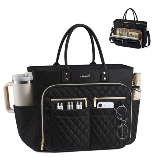 LOVEVOOK Tote Bag, Work Bags for Women with Large Cup Holder, Large Capacity Teacher Tote with Multi Pockets, Water Resistant Nurse Diaper Tote with Padded Laptop Compartment