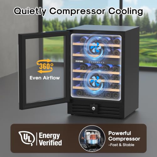 Image of ICEPURE 24 Inch Dual Zone Wine Cooler Refrigerator, 46 Bottle | 41-68℉ Control Freestanding Built-in Wine Fridge with Adjustable Shelves, Reversible Glass Door, Lock & Memory for Home Bar