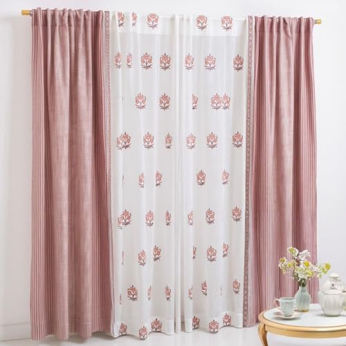 Image of Peepul Tree Pure Cotton and fine Mulmul Curtain Set of 2 Handwoven and 2 Sheer Curtains| Dusty Pink and Off-White | 8 ft | Set of 4 | Royal Courtyards Collection