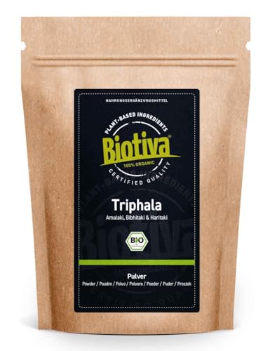 Biotiva Triphala proszek Bio - 200 g - z Amalaki, Haritaki, Bibhitaki - Ayurveda Biotriphala - napełniony i kontrolowany w Niemczech (DE-ÖKO-005) - 100% wegański