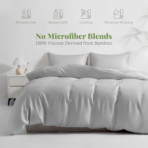 Twin/Twin XL Duvet Cover Set, 100% Viscose Derived from Bamboo, 2 Pieces, 1 Zipper Closure Duvet Cover (70"x90") and 1 Pillowcases (20"x30") Cooling & Silky Soft (Light Grey)