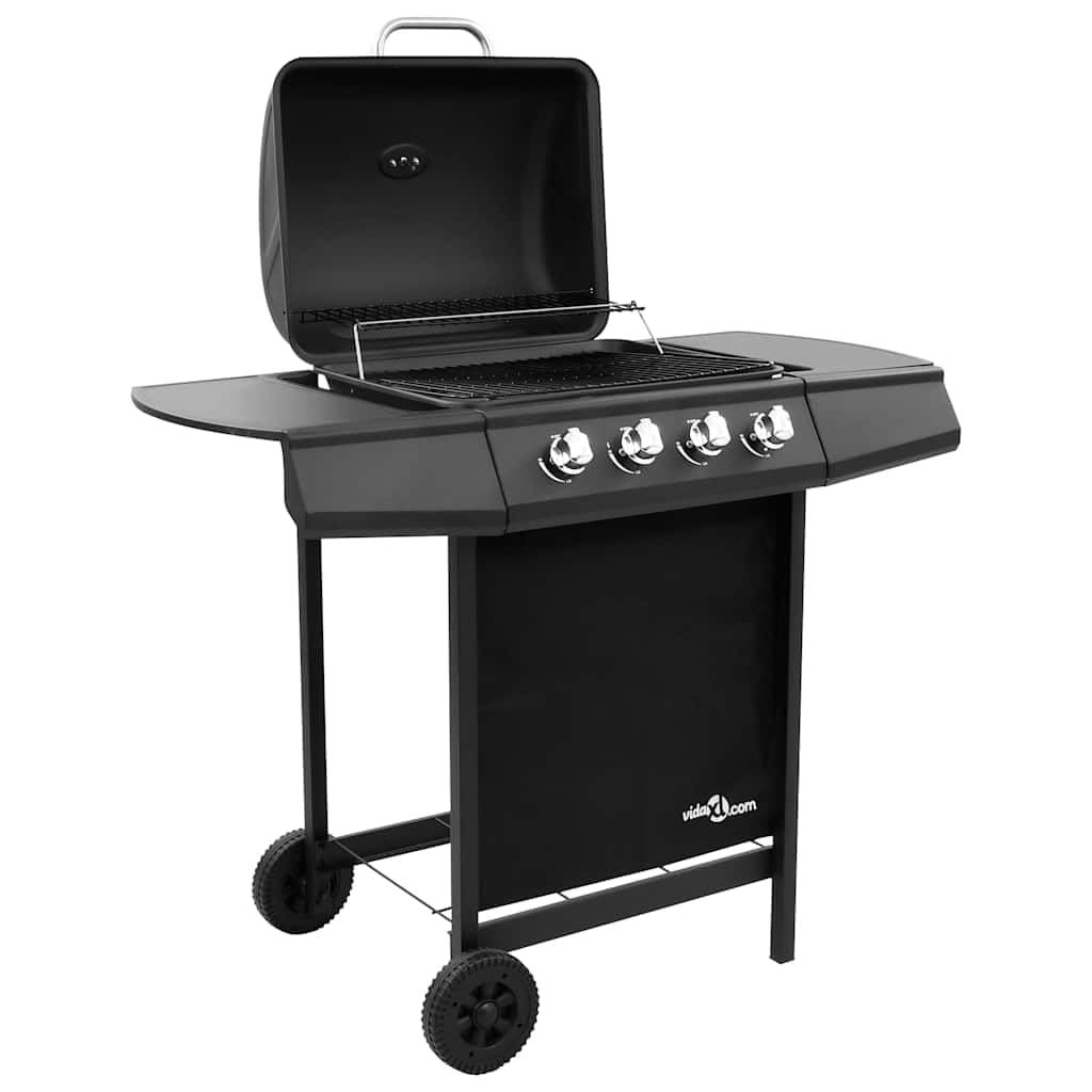 Grill gazowy z 4 płomieniami, czarny, grill ogrodowy z termometrem, powierzchnia grillowania 48,5 x 37,5 cm, łącznie z pokrywą i kółkami