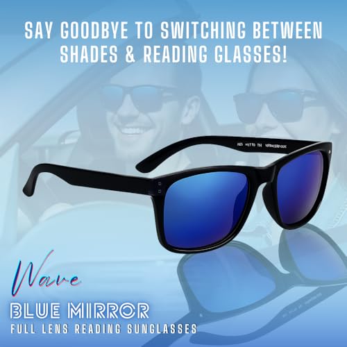 proSPORT Reader Sunglasses Blue Mirror Lenses, Full Magnification Dark Tint Horn Rim Frame Golf Driving No Bifocal2