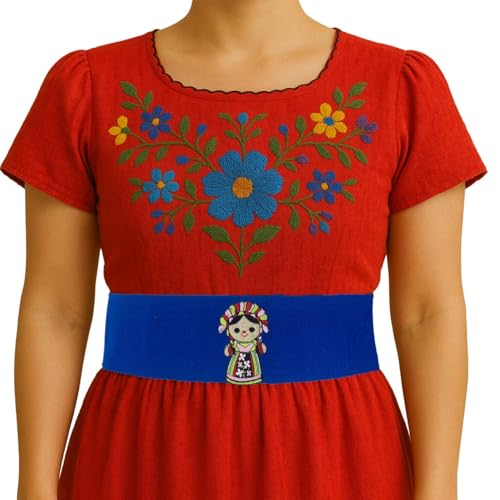 Traditional Mexican Artisanal Waist Belt, blue lele maria doll Decorative Embroidery