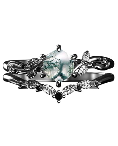 Black Moss Agate Engagement Ring Set for Women 925 Sterling Silver Moss Agate Wedding Ring Stacking Bridal Set for Her Black Promise Ring for Women Bridal Wife Her
