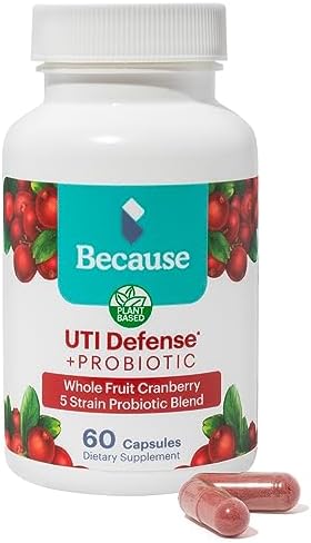 Because Probiotics Cranberry UTI Defense Capsules for Women: Natural Support for a Healthy Urinary Tract with Added Bladder Support- Plant Based, Non GMO, Gluten Free, Fruit Vitamins (60 Capsules)