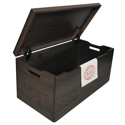 Image of Amish Made Wooden Storage Chest Trunk Box with Lid and Handles for Bedroom, Blanket, Clothes, Anti-Slam Hinges, Handmade, Rustic, Oak Wood, Antique Slate Stain, 42 inch