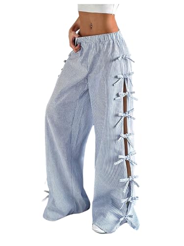 Verdusa Wide Leg Linen Pants for Women Striped Bow Baggy Hiking Pants Long Trousers