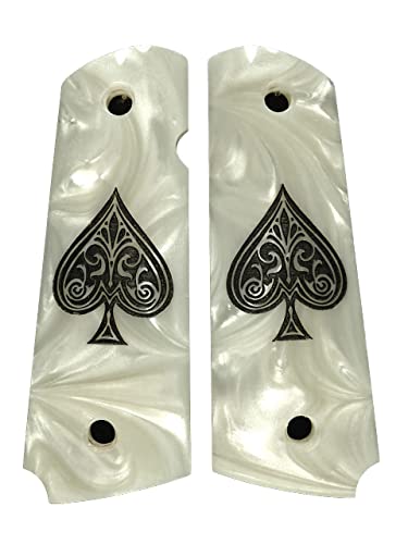 Pearl Spade Engraved Full Size 1911 Grips