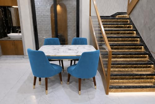 Image of WOODEN SPACE 4 Seater Wooden Dining Table Set | Urban Marble Top Dining Table with Chairs for Dining Room & Kitchen (Modern Frontline Blue) (54 x 36 x 30 inch)