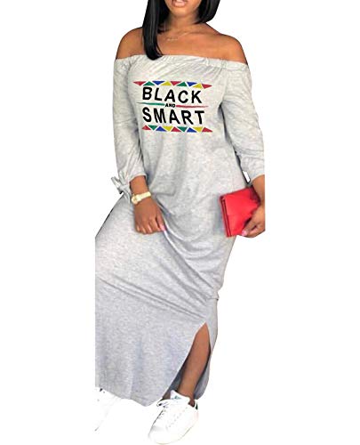 Womens Casual Off Shoulder Maxi Dress, Plus Size Loose Long Sleeve T-Shirt, Letter Print Bowknot Sides Split Fashion Party Dresses Grey (XXXL)