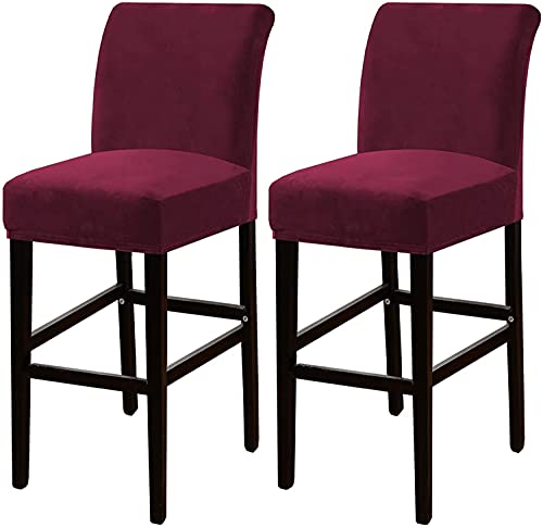 FASCINATDECO Fundas De Silla De Bar De Terciopelo De Elásticos con Respaldo, Funda Extraíble Y Lavable para Silla De Comedor Giratoria Corta Silla De Respaldo Silla De Bar (Vino Rojo,Set of 2)