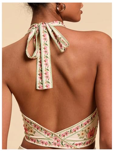 GORGLITTER Women's Floral Boho Cropped Halter Top Open Back Backless Western 2025 Going Out Tops3
