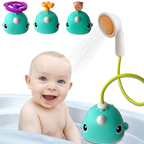 Image of HsngYHL Baby Bath Toy with Shower Head and 3 Water Spray Head Bathtub Toys, Whales Squirt Shower Faucet and Bathtub Water Pump Bathing time Essentials for Toddlers Infants Kids (Green)