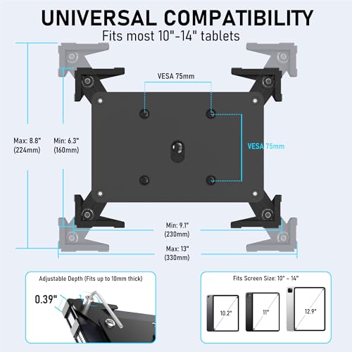 Image of Tablet Wall Mount, Metal Enclosure iPad Holder for Retail POS & Smart Home | Secure Anti-Theft Low Profile VESA 75x75 Stand, Portrait or Landscape Display, Fits 10-14 Inch iPad Pro Air Galaxy Tab, Black