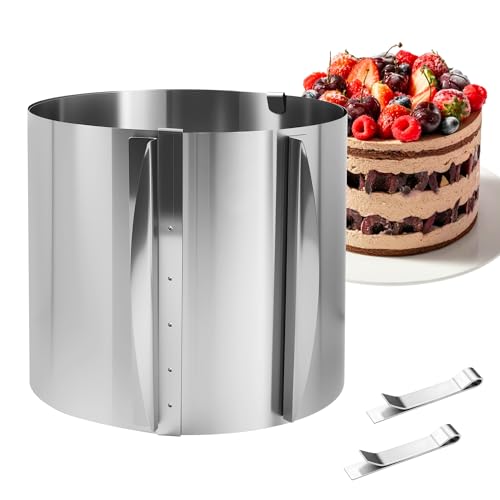 Tortenring, Edelstahl Tortenring Verstellbar. Tortenring Hoch 15 CM mit 2 Befestigungsclips, teleskopisch verstellbar zwischen 16 und 30 CM, die Innenwand des Backring hat eine skala, zum Backen Tortenring, Edelstahl Tortenring Verstellbar. Tortenring Hoch 15 CM mit 2 Befestigungsclips, teleskopisch verstellbar zwischen 16 und 30 CM, die Innenwand des Backring hat eine skala, zum Backen