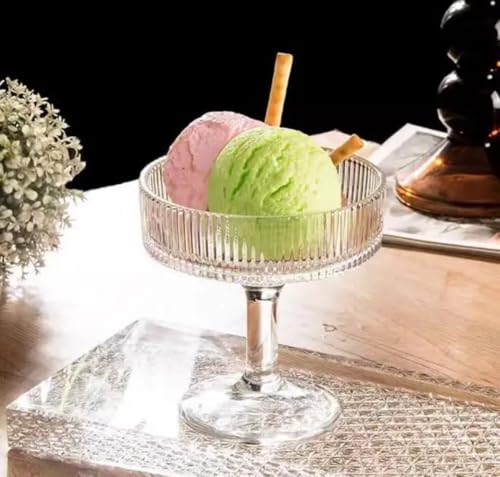 Image of PrimeWorld Stemmed Fluted Glass Dessert Bowls Set of 6 (200ml) | Vintage Ribbed Coupe Glasses for Ice Cream, Panna Cotta, Mousse & Cocktails | Elegant Serving Cups