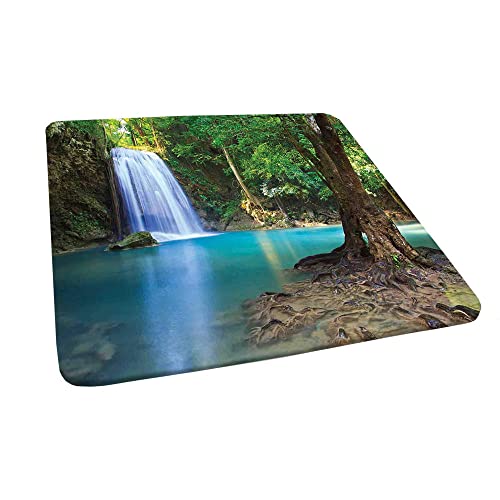 Woodland Square Fitted Tablecloth, Waterfall Jungle Tropic Plants Trees Tourist Attraction, Elastic Edge, Suitable For Table Decoration, Buffet And Camping, 35"X35" Turquoise Blue #TOP20