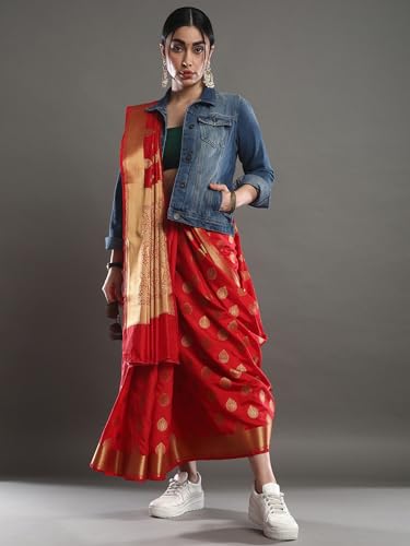Image of AKHILAM Women's Banarasi silk Floral Saree With Unstitched Blouse Piece(Red 2RAWS9030 SNK)