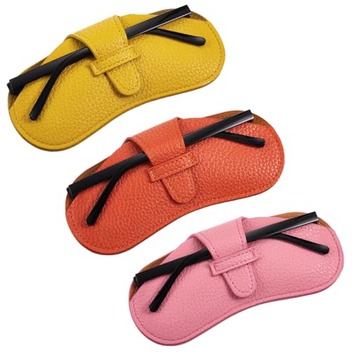 Photect 3 Pcs Leather Glasses Case Slim Portable Protective Eyeglasses Pouch Soft Sunglasses Holder for Women Men 6.89 x 3.43 Inch Travel Friendly Spectacles Storage Rose Pink, Yellow, Brown