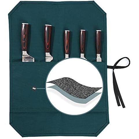 Kaaltisy Chef Knife Roll Bag, Heavy Duty 16oz Waxed Canvas Knife Storage Case, Knife Carrier Roll with Cut Resistant Fabric, 5 Slots Knife Bag with Tie Rope - Dark Green Cover