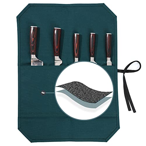 Chef Knife Roll Bag, Heavy Duty 16oz Waxed Canvas Knife Storage Case, Knife Carrier Roll with Cut Resistant Fabric, 5 Slots Knife Bag with Tie Rope - Dark Green by Kaaltisy - Used condition - US$16.76