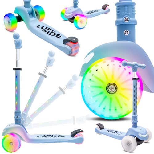 LUMI Ride Patinete niño Tres Ruedas Infantil Balance LED 3+ Azul, Plegable, Manillar Ajustable, Freno de Pie, Plataforma Antideslizante, Manillar Desmontable