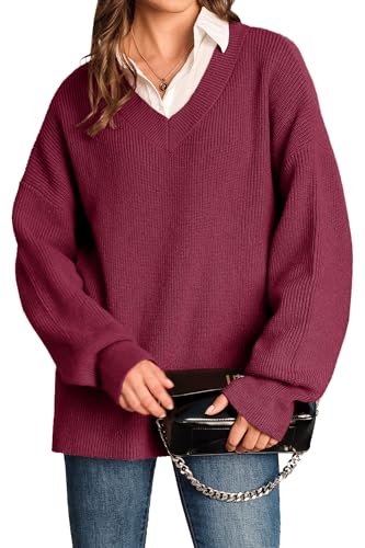 Arach&Cloz Womens Long Sleeves Comfy V Neck Sweaters 2025 Winter Casual Classic Soft Loose Fit Basic Knitting Pullover Jumper Top Dark Red M