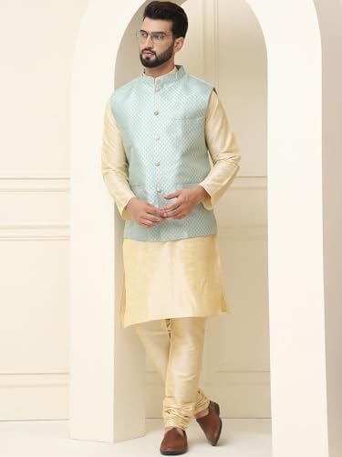 Image of SOJANYA (Since 1958 Men's Silk Blend Kurta Pyjama With Self Design Nehru Jacket