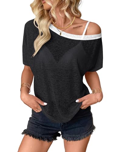 Image of Hilinker Women's Sheer Off The Shoulder Tops See Through Sexy Short Sleeve Mesh Shirt Summer
