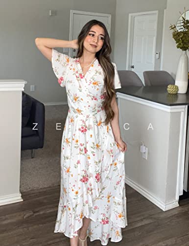 Zesica Women's Summer Bohemian Floral Printed Wrap V Neck Beach Party Flowy Ruffle Midi Dress,Ivory,Large #TOP5