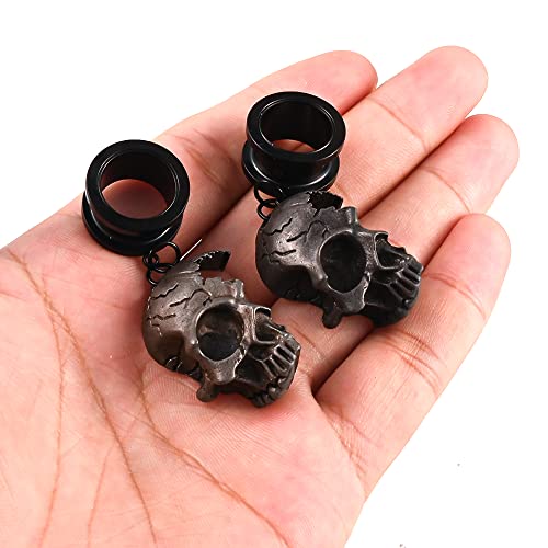 Vankula 2 Pcs Black Skull Pendant Hypoallergenic Stainless Steel Plugs Ear Gauges Tunnels Piercing Expander Stretchers Fashion Body Jewelry #TOP4