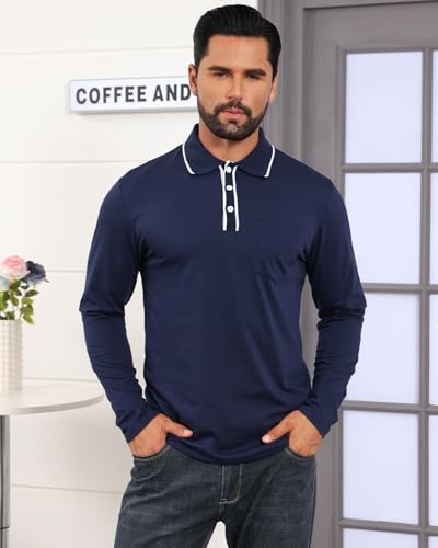 Mens Polo Shirts Long Sleeve Casual Stylish Collared Button Solid Color Golf T Shirts with Pocket2