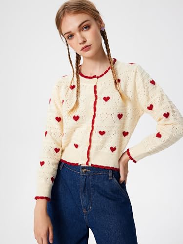 CIDER Women's Cardigan Crew Neck Heart Print Color Block Button Down Crop Top Long Sleeve Cute Cardigan: Ivory, M2