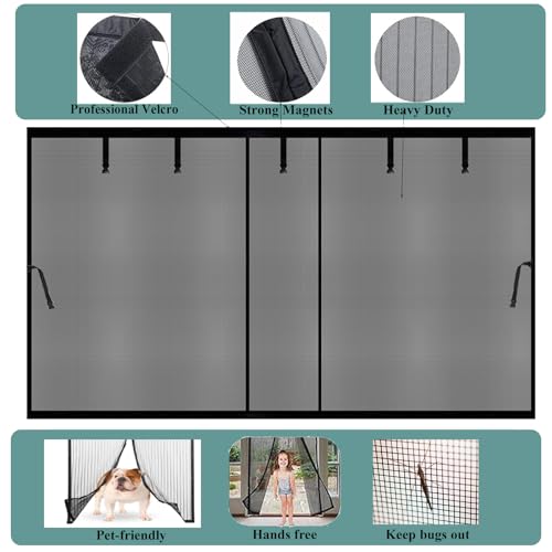 Image of Magnetic Door Screen Black 16x8ft for 2 3 Car Carport Garage Patio Porch | Retractable Fiberglass Privacy Mesh, Weighted Bottom, Kids & Pets Friendly, Easy Installation, Windproof, Repair Pieces