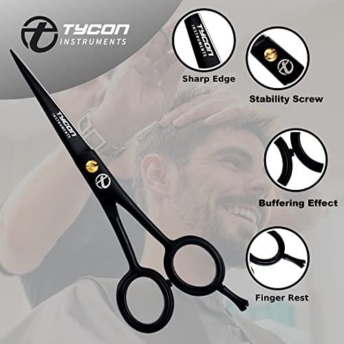Tycon Instruments 5.0 Mustache & Beard Scissors For Men (Black) With Leather Carrying Pouch & Comb - Premium Facial Beard Grooming Kit For Trimming, Styling & Cutting Of Mustache #TOP1