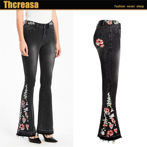 Andongnywell Ladies Embroidered Flared Jeans Women's Floral Embroidery Bell Bottom Denim Pants Trousers2