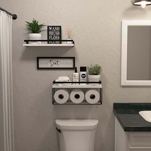 Floating Shelves with Wall Décor Sign, Bathroom Shelves Over Toilet with Wire Storage Basket, Wood Wall Shelves with Protective Metal Guardrail– White
